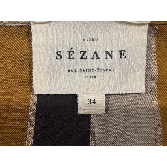 Sezane Titiane 3/4 Sleeve Striped V Neck Midi Dress in Hazel Tan Stripe 34 US 2 - Picture 10 of 13